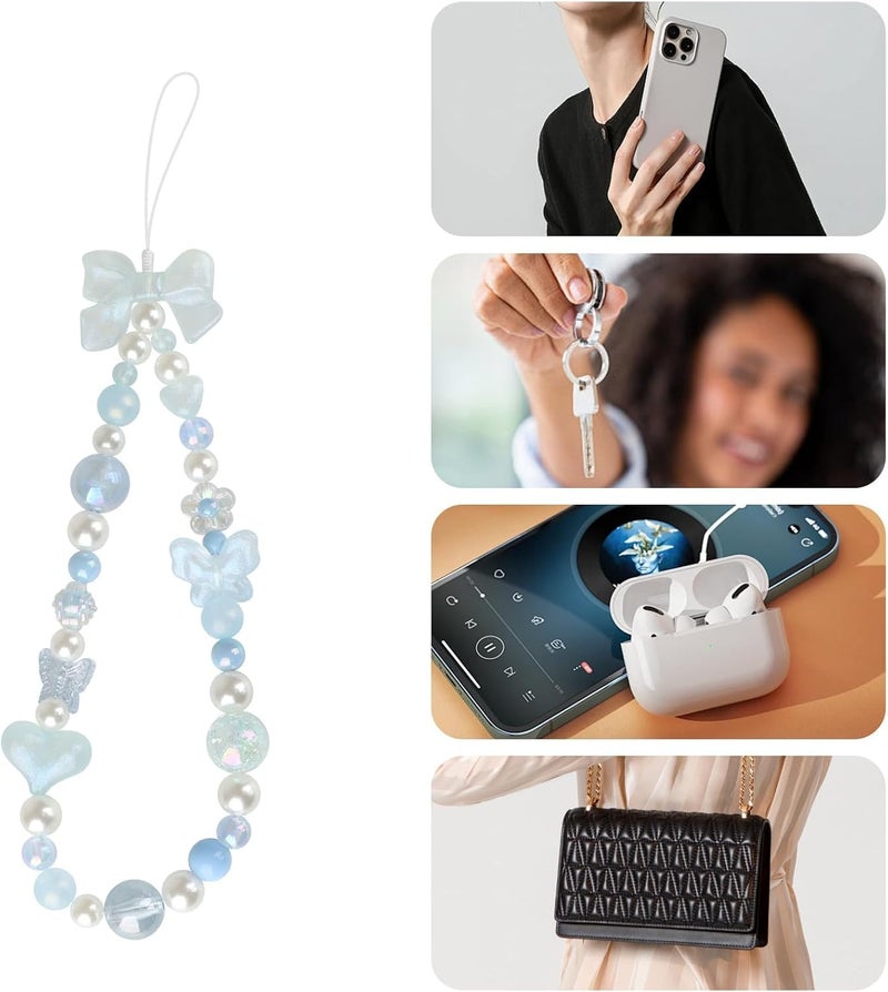 LUVI Beaded Phone Charm Lanyard Wrist Strap Love Heart Bow Beads Butterfly Chain Flower String Pearl Bling Bracelet Keychain Cute Fashion for Women - Image 3